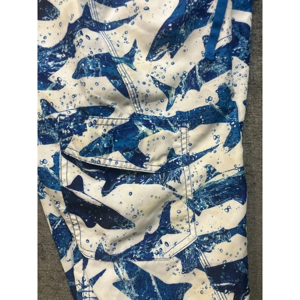 L.L. Bean Swim Trunks Boys 18 White Blue Shark Print Beach Wear Drawstring Waist